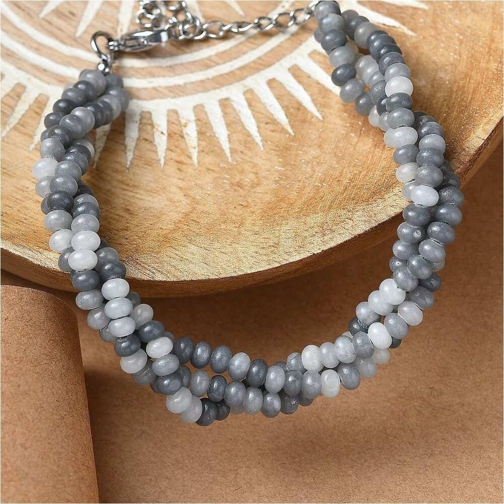 Artisan Grey Moonstone 3 Row Bracelet Stainless Steel Layered Bead Stack New